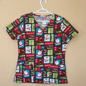 Scrubstar Women's Size Small Scrub Top Christmas Holiday Santa Presents